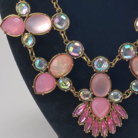 Women's Stunning Old Gold-tone & Pink Colorful Crystal Stones Statement Necklace - Picture 9 of 10